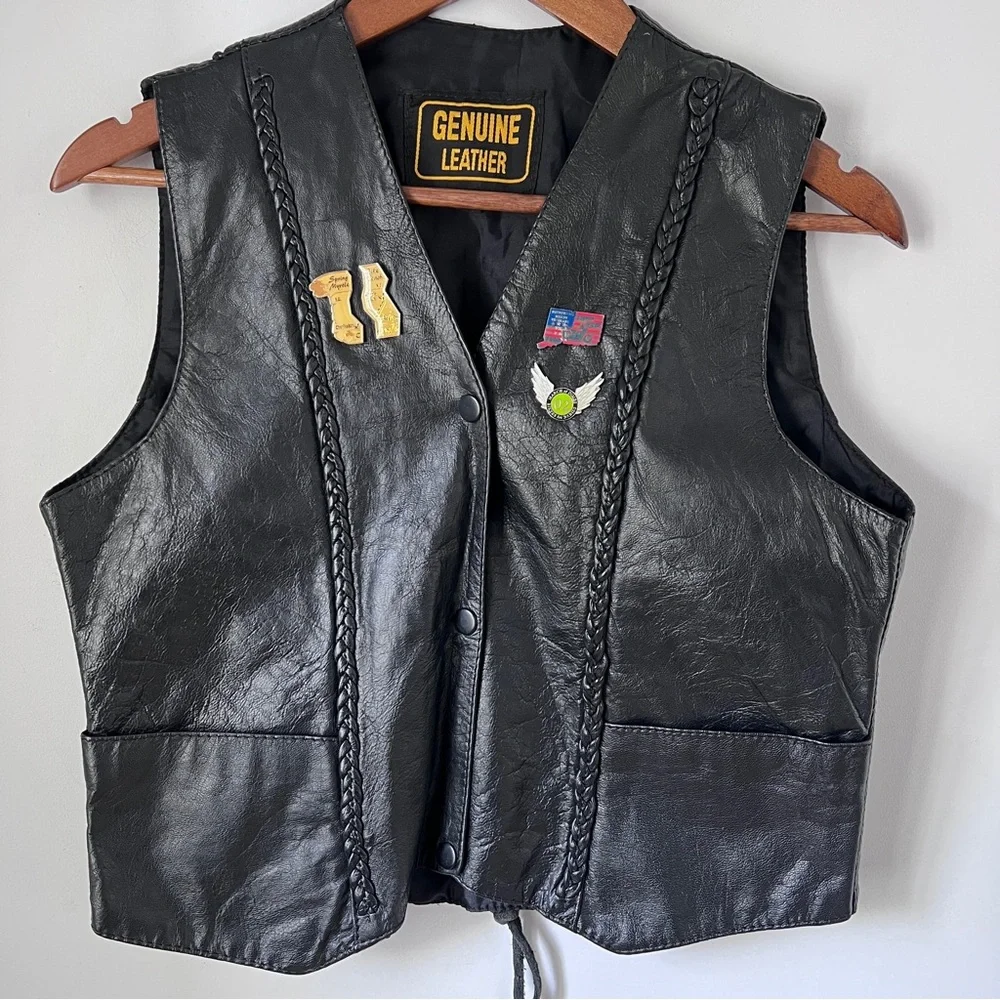 Biker Leather Vest Braid Pins Button Womens Size Medium